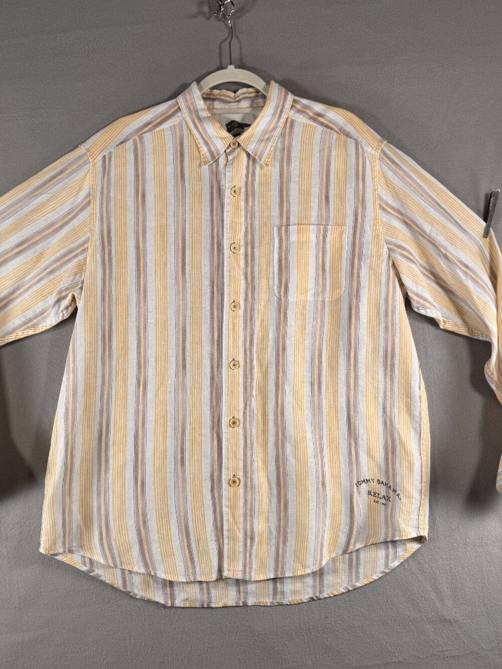 Tommy Bahama LS Mens L Light Yellow Purple Blue Stripe Linen Button Front Relax